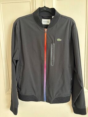 Lacoste Sport Men's Small Black Bomber Jacket Featuring a Rainbow Gradient Zippe